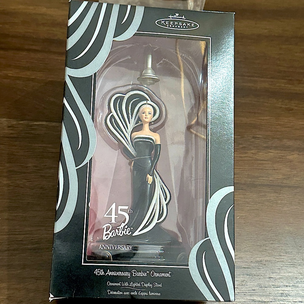 Hallmark Barbie 45th Anniversary Ornament Black Silver with Stand NWT box
